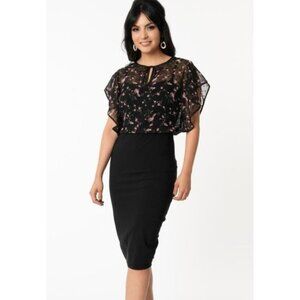 New Unique Vintage Dress Womens 3x 20 Plus Black Floral Chiffon Overlay